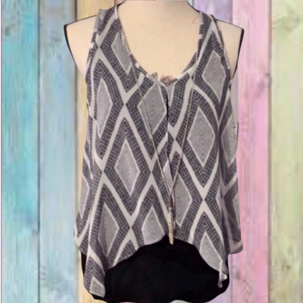 IZ Byer Gray Black Print Sheer Overlay Top With Attached Necklace NWT